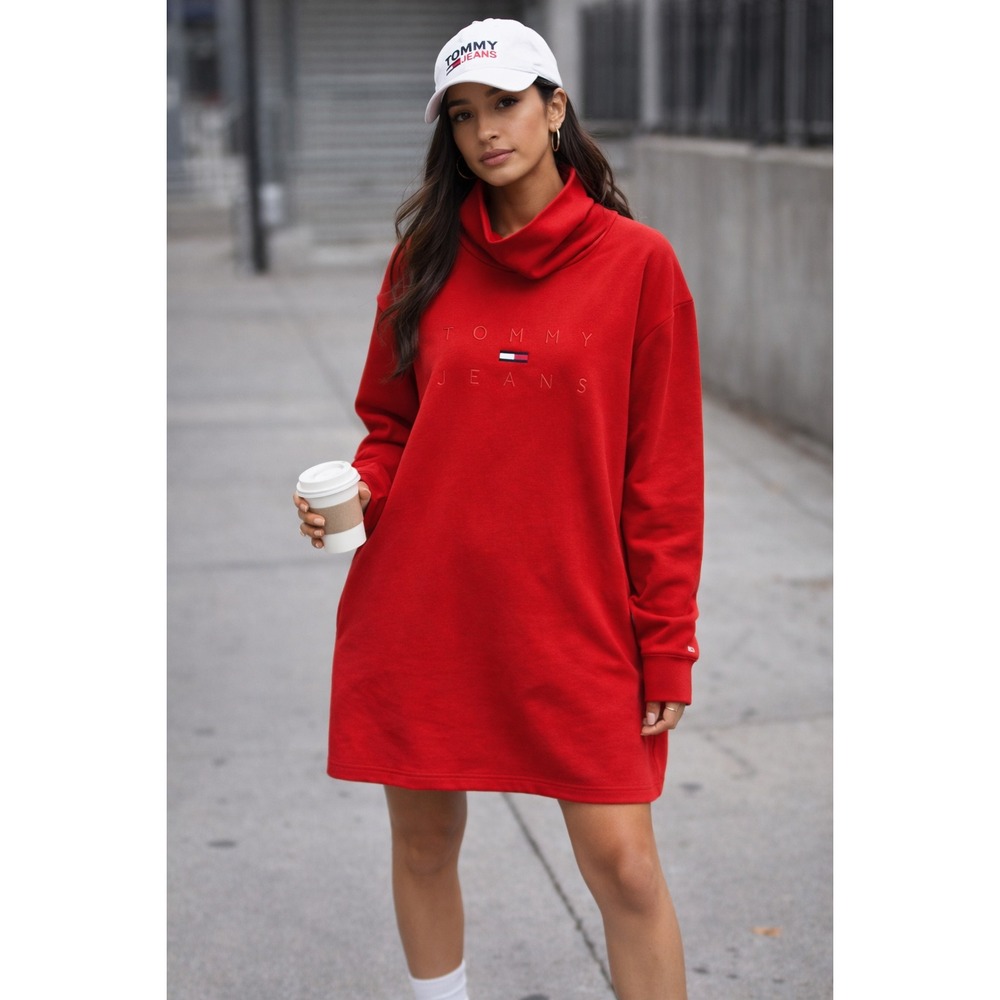 Tommy Hilfiger Jeans Red Logo Sweatshirt Dress Cowl Neck‎ Long Sleeve Size Large